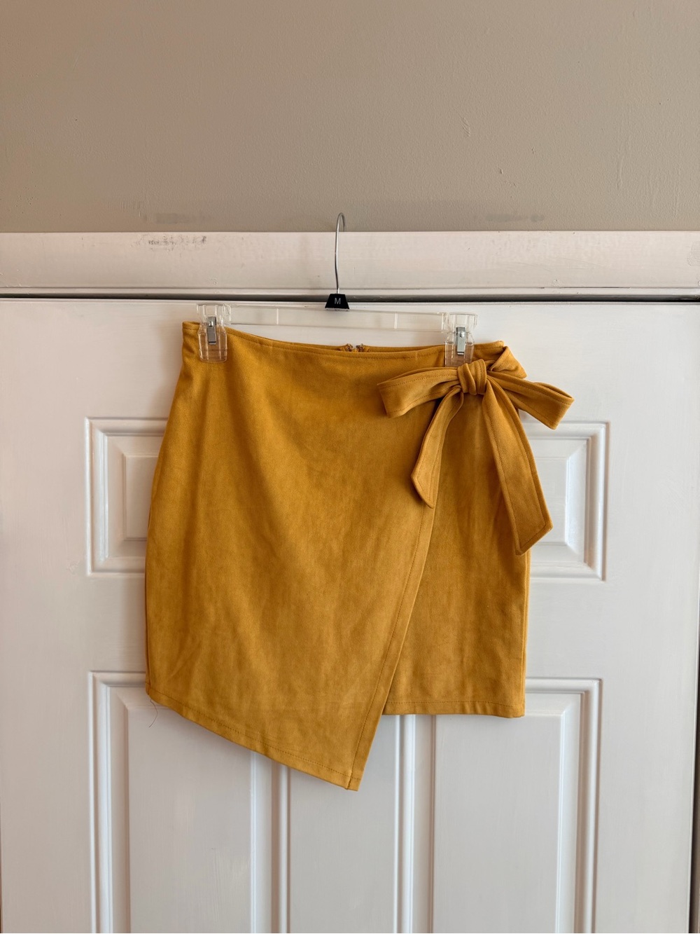 Selfie Leslie Mustard Faux Suede Wrap Mini Skirt with Side Bow